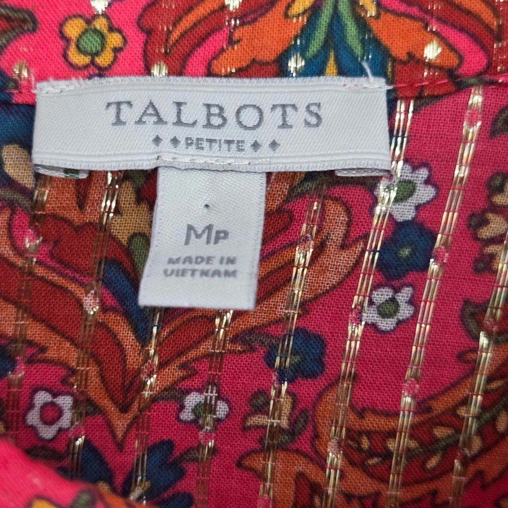 Talbots Petite Medium Pink Paisley Gold Metallic Dot Button Down Shirt Whimsy